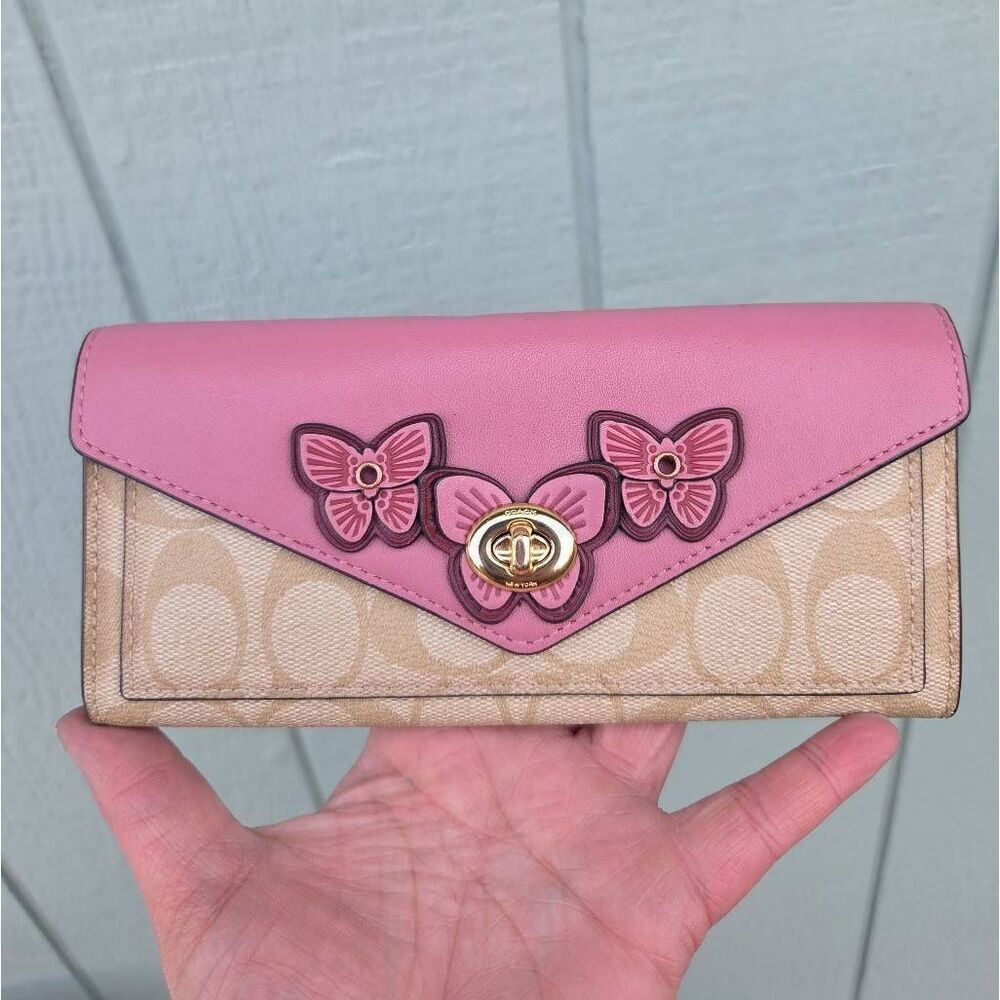 Coach Slim Envelope Wallet In Signature Canvas With Butterfly Appliques